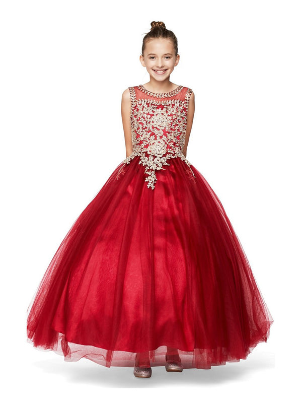 Girls Burgundy Gold Rhinestone Cording Illusion Flower Girl Dress 4-16 model - SophiasStyle.com